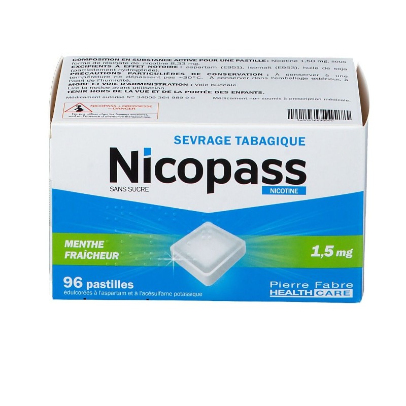 Nicopass 1.5 mg sans sucre goût menthe fraîcheur - 96 pastilles